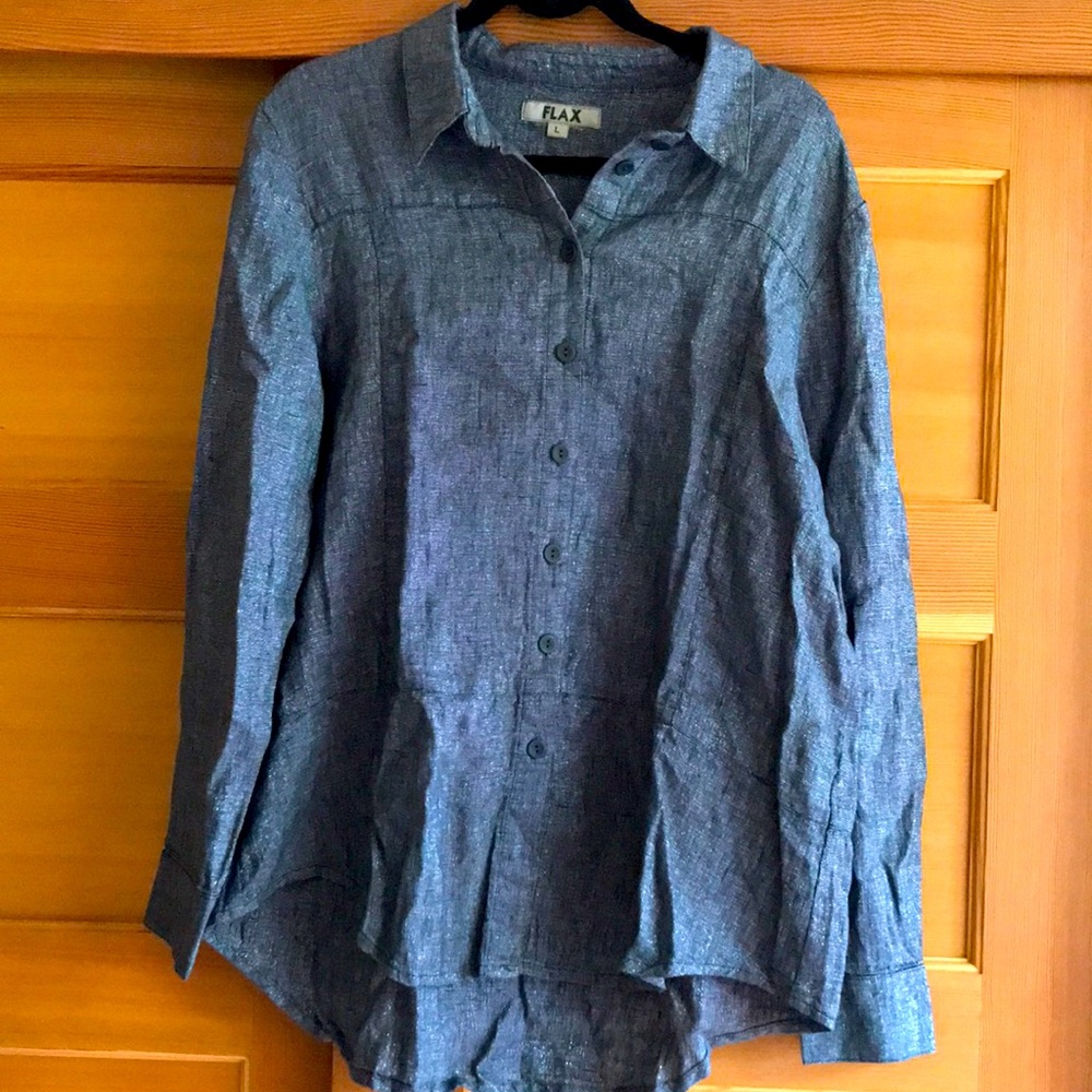 Flax Metallic Linen Gray Button Up Shirt Sz Large